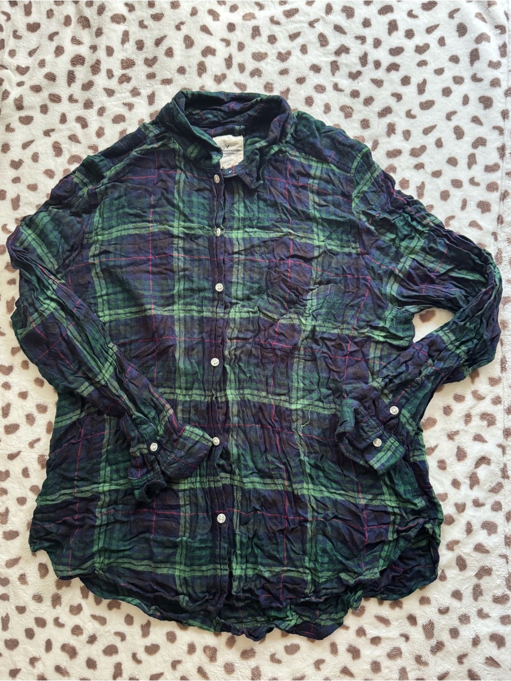 American Eagle Outfitters Navy and Green Plaid Button-Down Shirt